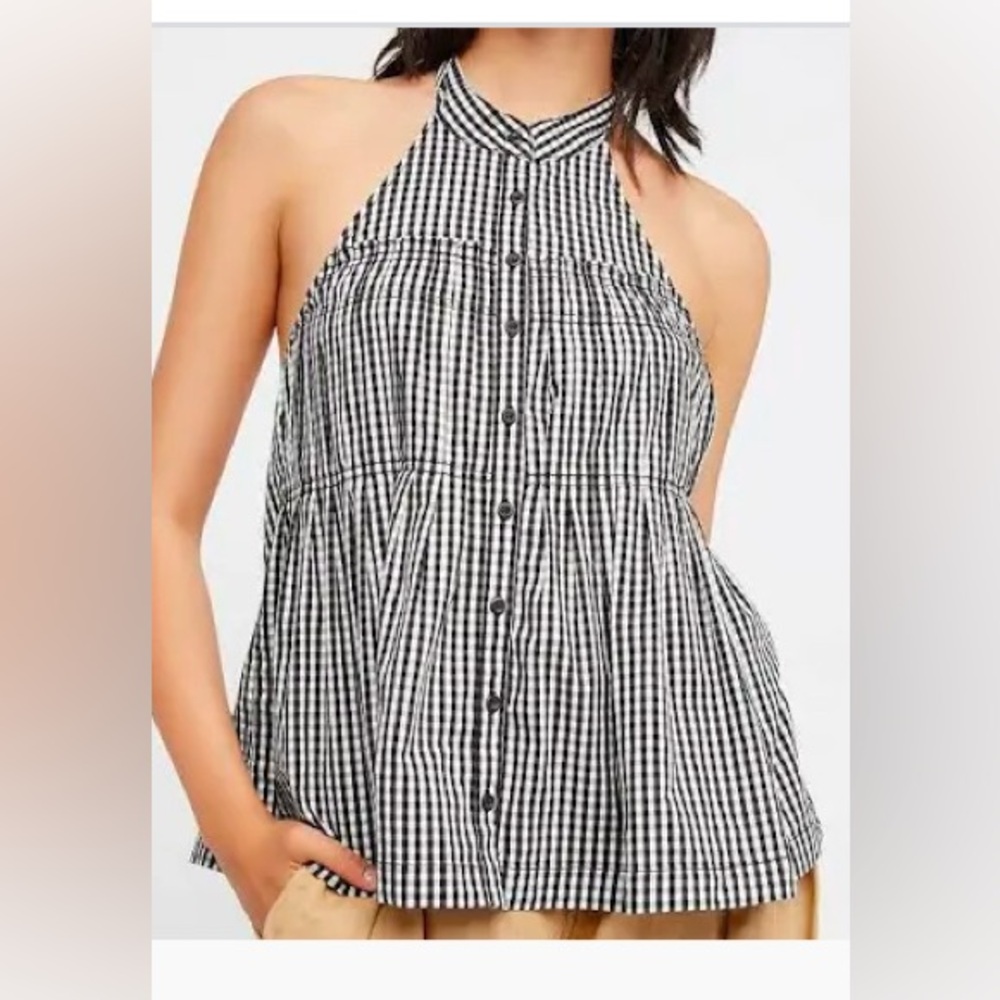 Free People Take It Easy Gingham Halter Top Size Large Black & White